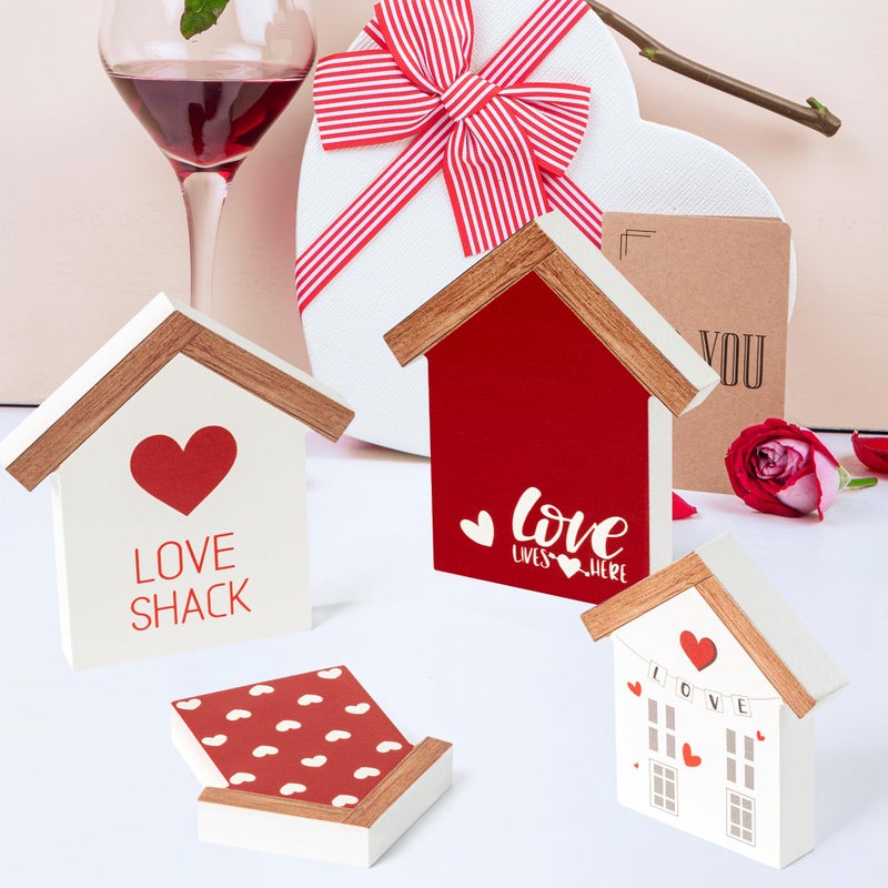 WATINC 4PCS Valentine House Shaped Wooden Tiered Tray Sign Table Decor, Happy Valentine's Day Tabletop Wood Centerpiece, Romantic Sweet Love Shack Decoration for Wedding Engagement Party - Image 4