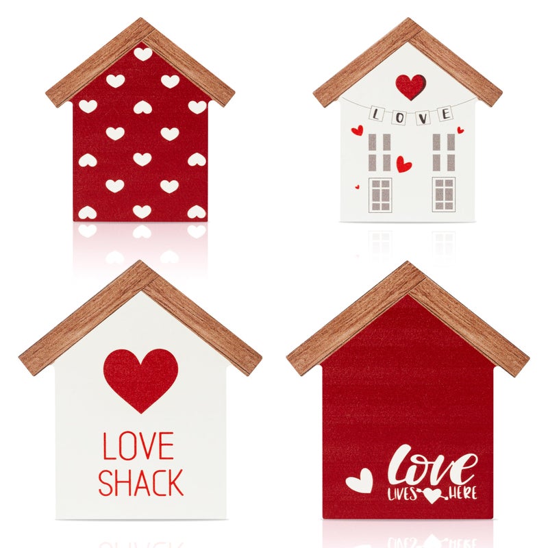 WATINC 4PCS Valentine House Shaped Wooden Tiered Tray Sign Table Decor, Happy Valentine's Day Tabletop Wood Centerpiece, Romantic Sweet Love Shack Decoration for Wedding Engagement Party - Image 1