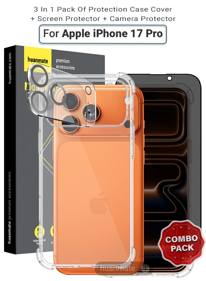 huanmate 3 in 1 Apple iPhone 17 Pro Protection Pack - Ultra Clear Shockproof Case, Anti-Peeping Privacy Glass Screen Protector u0026 Camera Lens Protector, 360’ Protection, Easy Installation - Image 1