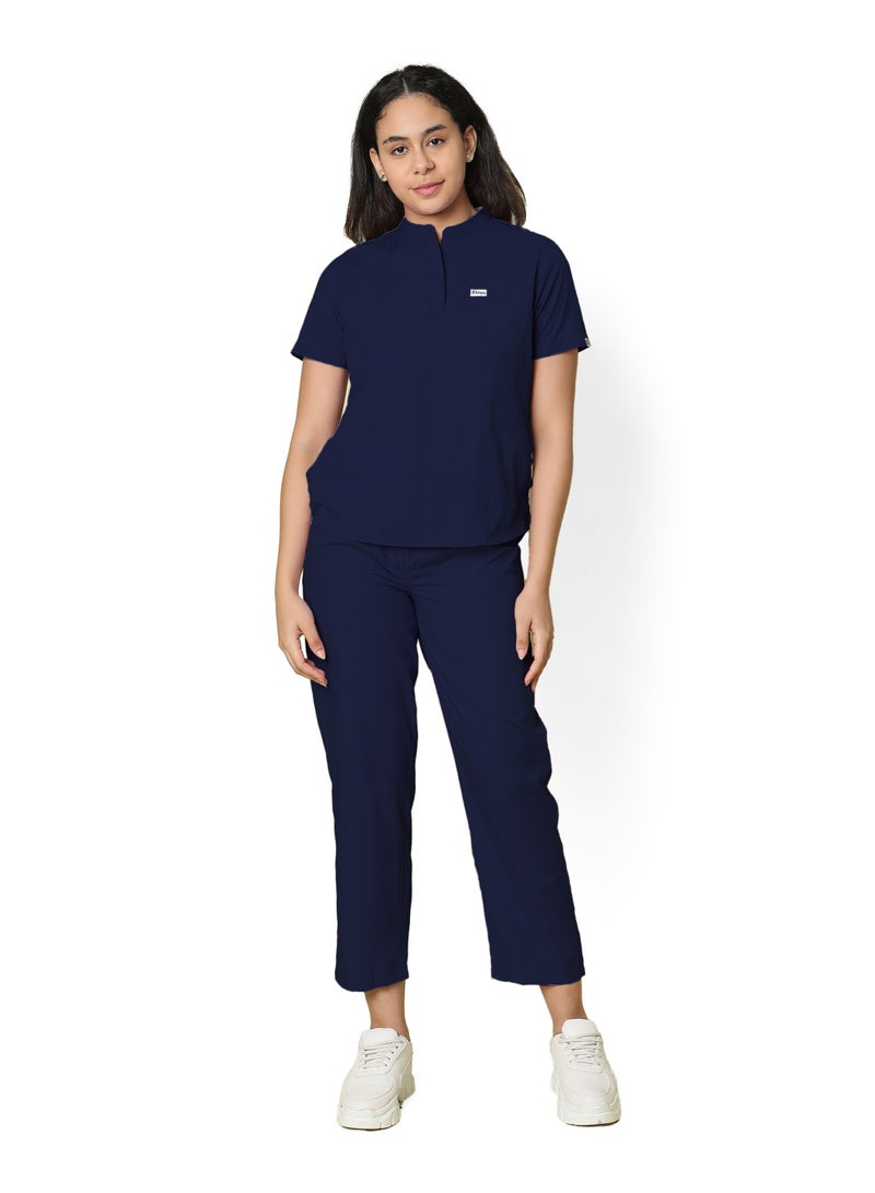 KNYA Classic Women's 5-Pocket Mandarin Collar Scrub Suit| Regular fit | Short Sleeves | For Doctors (L, NAVY BLUE) - Image 1
