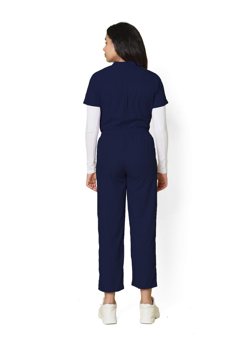 KNYA Classic Women's 5-Pocket Mandarin Collar Scrub Suit| Regular fit | Short Sleeves | For Doctors (L, NAVY BLUE) - Image 2