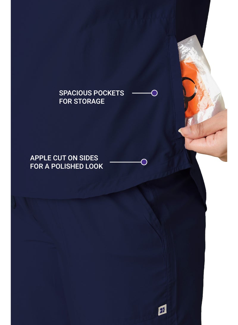 KNYA Classic Women's 5-Pocket Mandarin Collar Scrub Suit| Regular fit | Short Sleeves | For Doctors (L, NAVY BLUE) - Image 3