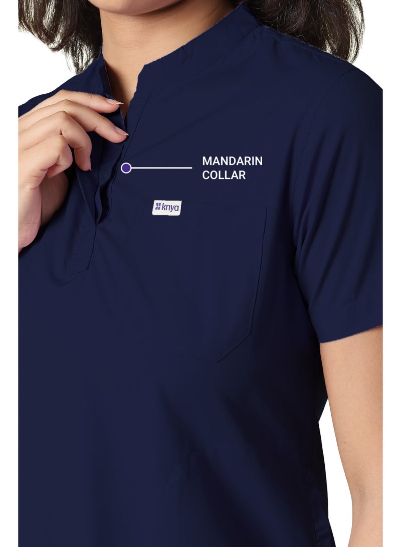 KNYA Classic Women's 5-Pocket Mandarin Collar Scrub Suit| Regular fit | Short Sleeves | For Doctors (L, NAVY BLUE) - Image 5