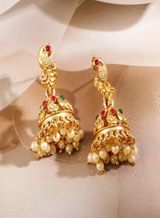 Rubans 22k Gold-Plated Red & Green Stone Studded Handcrafted Traditional Temple Jewellery Set For Women - Image 2