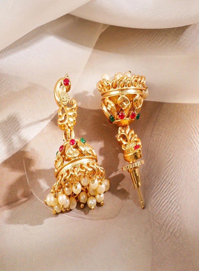 Rubans 22k Gold-Plated Red & Green Stone Studded Handcrafted Traditional Temple Jewellery Set For Women - Image 3