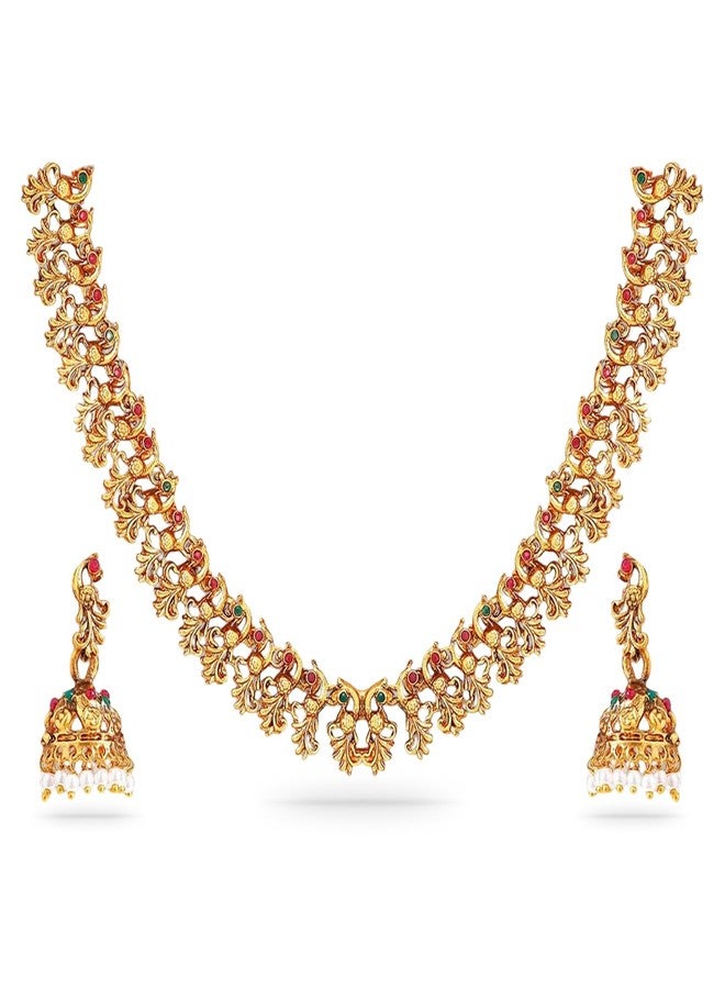 Rubans 22k Gold-Plated Red & Green Stone Studded Handcrafted Traditional Temple Jewellery Set For Women - Image 1