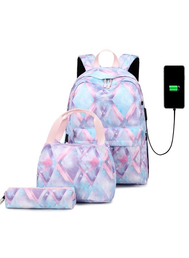 Joychic 3-Piece Graphic Printed Casual Backpack Waterproof Durable School Bag with USB Charging and Lunch Box Pencil Pouch Multicolour for Middle High School Students - Image 1