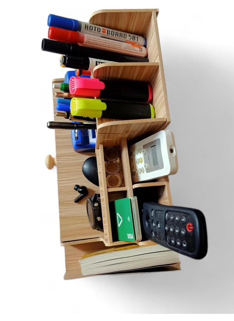 Desk Accessories Organizer, Multifunctional Wooden Desk Organizer, Pen Holder Organizer Set with 13 Compartments and 1 Drawer for Home Office School Workshop Kitchen (Beige)