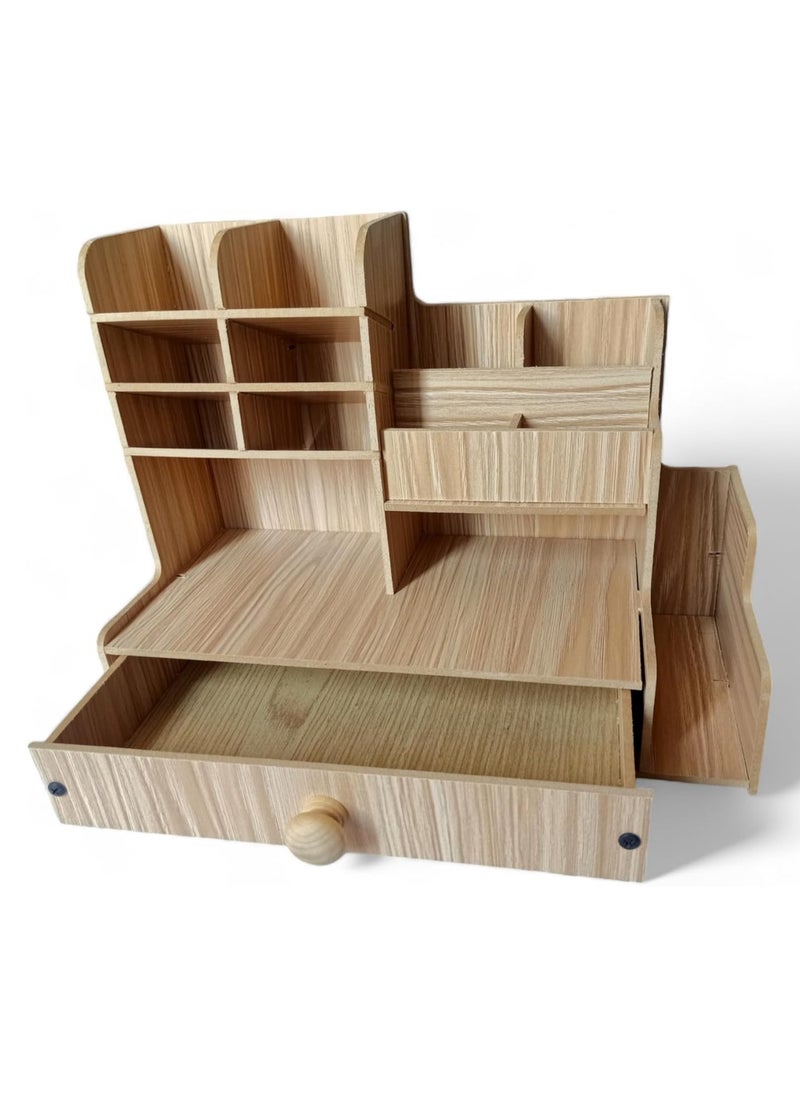 Desk Accessories Organizer, Multifunctional Wooden Desk Organizer, Pen Holder Organizer Set with 13 Compartments and 1 Drawer for Home Office School Workshop Kitchen (Beige)