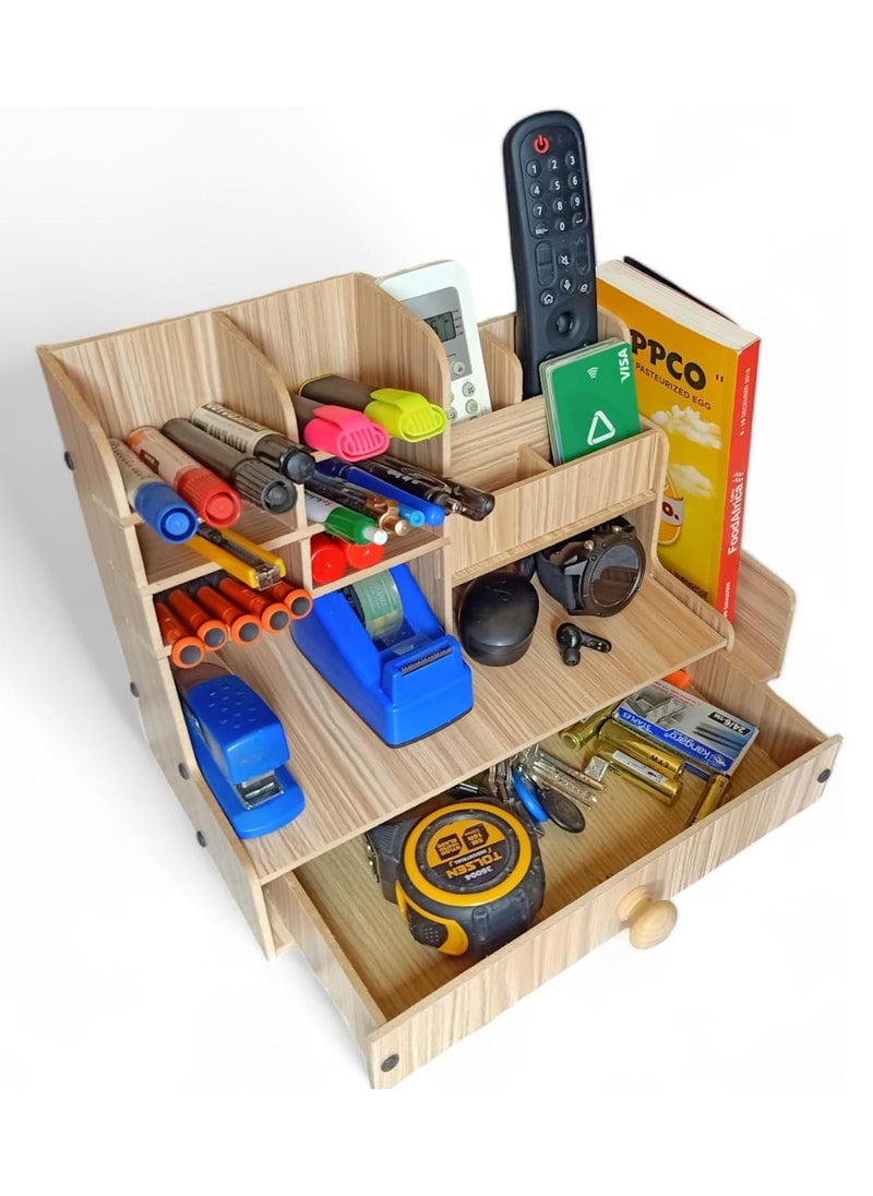 Desk Accessories Organizer, Multifunctional Wooden Desk Organizer, Pen Holder Organizer Set with 13 Compartments and 1 Drawer for Home Office School Workshop Kitchen (Beige)