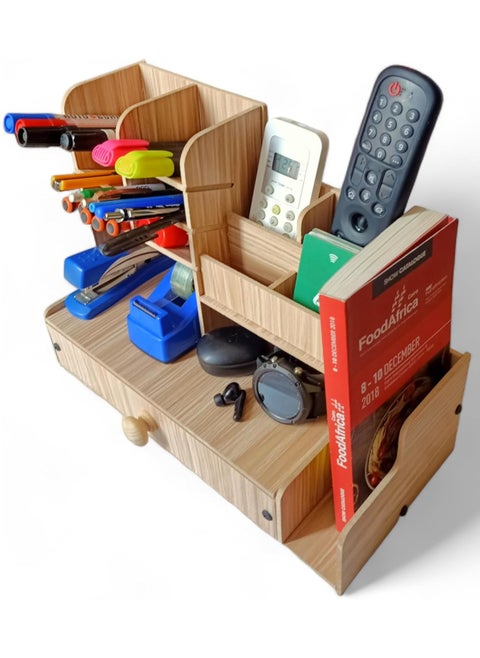 Desk Accessories Organizer, Multifunctional Wooden Desk Organizer, Pen Holder Organizer Set with 13 Compartments and 1 Drawer for Home Office School Workshop Kitchen (Beige)