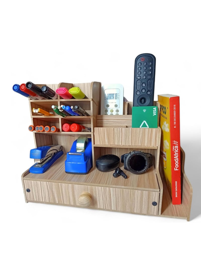 Desk Accessories Organizer, Multifunctional Wooden Desk Organizer, Pen Holder Organizer Set with 13 Compartments and 1 Drawer for Home Office School Workshop Kitchen (Beige)