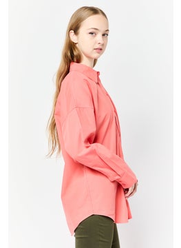 ESPRIT Women Spread Collar Long Sleeve Plain Shirt, Carrot Red  - Image 2