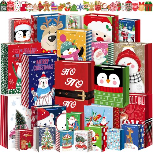 WLUSEAXI 24 Pack Christmas Gift bags Assorted Sizes with 24 Gift TagsChristmas Paper Bags with Handle6 Jumbo 6 Large 6 Medium 6 Small Holiday Gift Bags for KidsXmas PresentsXmas Party Favors - Image 1