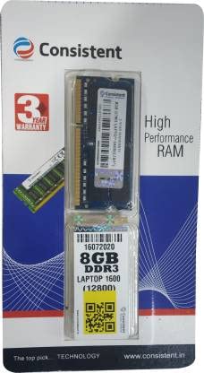 Consistent 8 GB DDR3 1600 MHz Speed Laptop RAM (Single Channel-12800 Series) with 3 Years Replacement Warranty from Manufacturer - Image 1