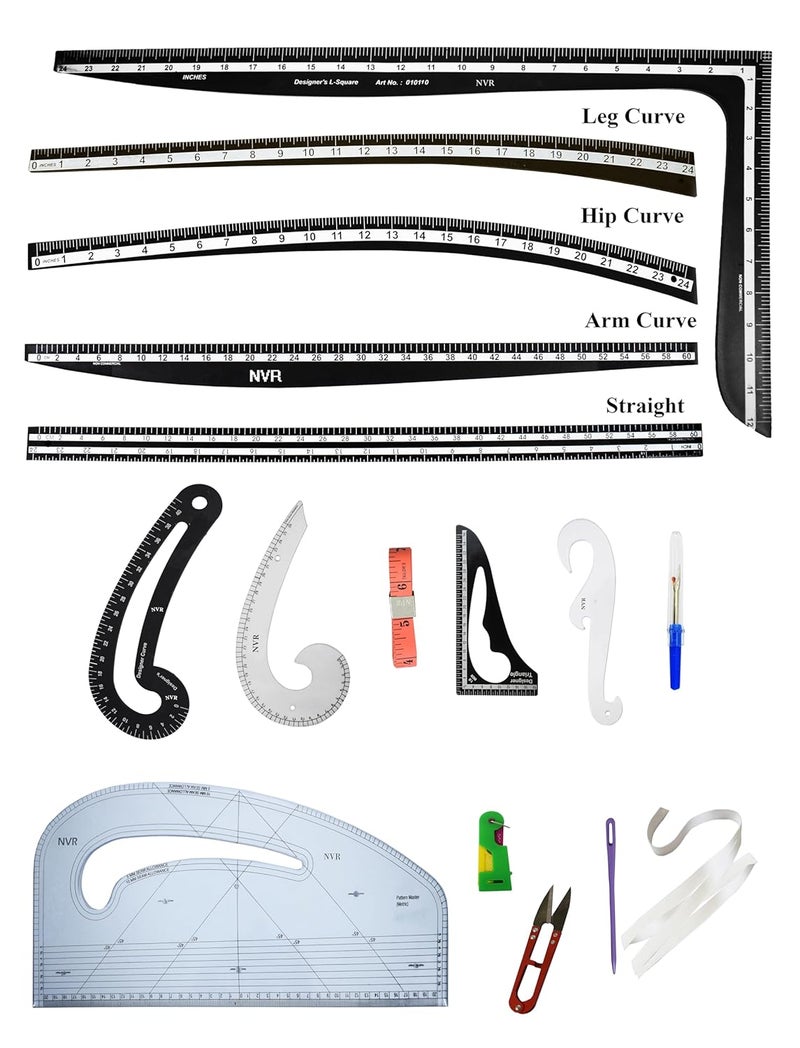 NVR Premium Tailoring set of Armhole French curve measuring tape tringle Seam ripper opener Cutter Threader 5 meter elastic suwa Pattern Master metric and of 5 different shapes