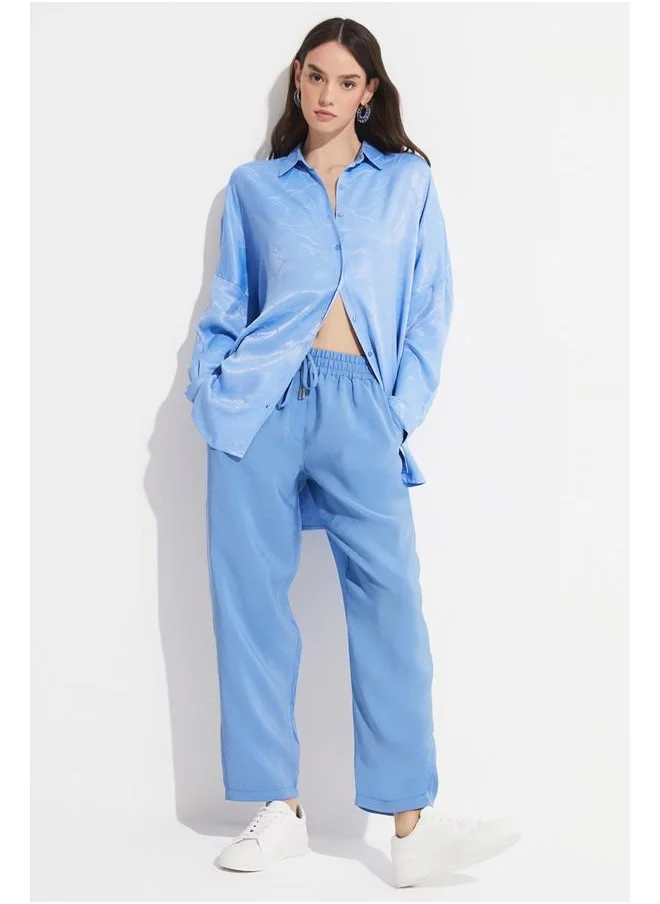 جون June Women Exclusive Boyfriend/Wide Fit 100% Viscose Self-Fited Woven Shirt Light Blue