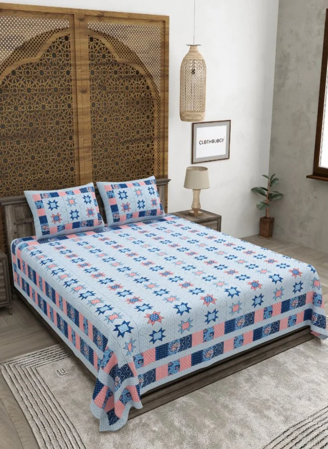 CLOTHOLOGY CLOTHOLOGY Jaipuri Blue Floral Pure Cotton 180 TC King Bedsheet Set with 2 Pillow Covers