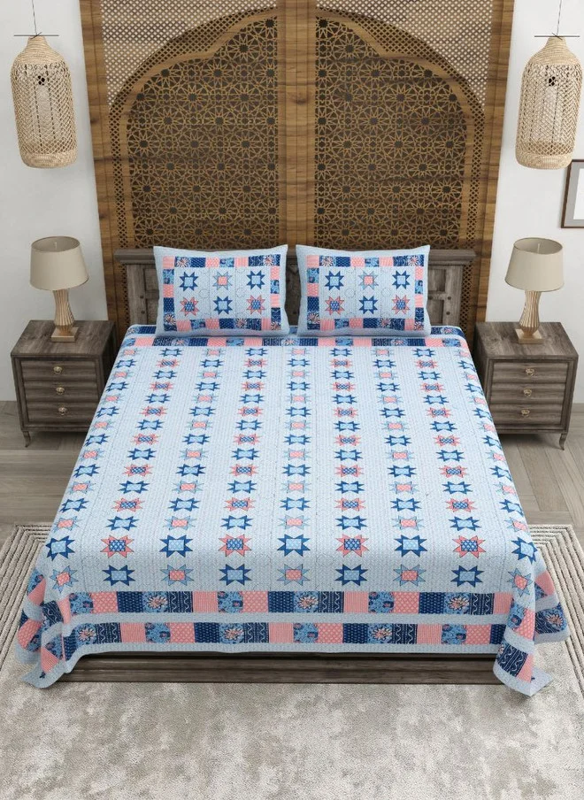 CLOTHOLOGY CLOTHOLOGY Jaipuri Blue Floral Pure Cotton 180 TC King Bedsheet Set with 2 Pillow Covers