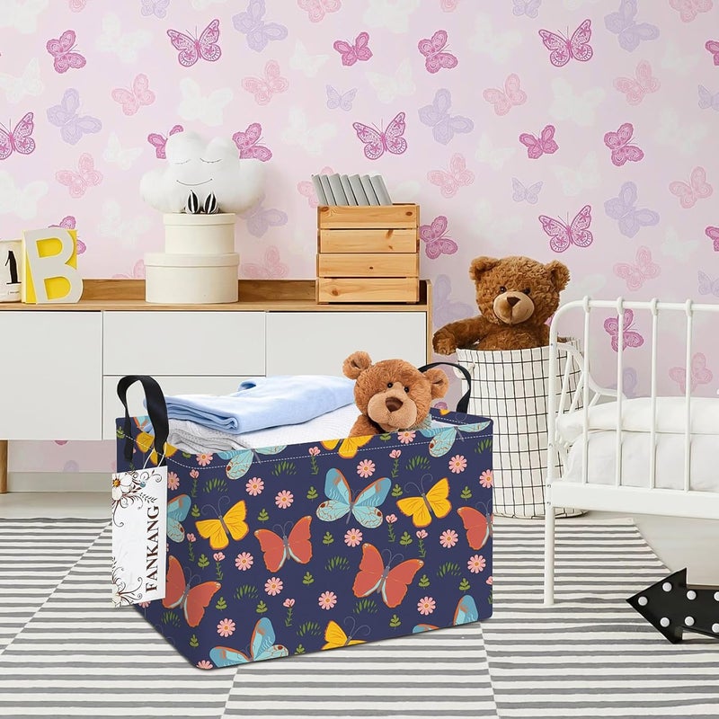 FANKANG Storage Bins, Nursery Hamper Canvas Laundry Basket Foldable with Waterproof PE Coating Large Storage Baskets for Kids Boys and Girls, Office, Bedroom, Clothes,Toys(Rec-Colorful Butterfly ） - Image 3