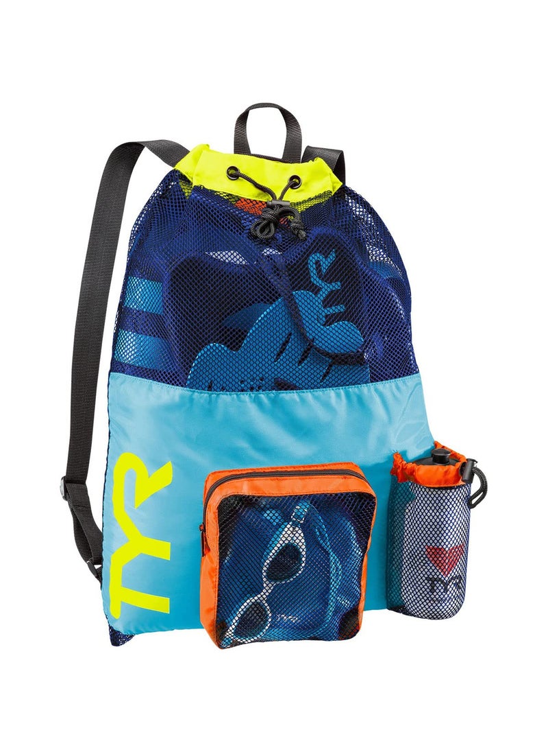 TYR TYR Big Mesh Mummy Backpack for Wet Swimming, Gym, and Workout Gear, Blue/Yellow  - Image 1