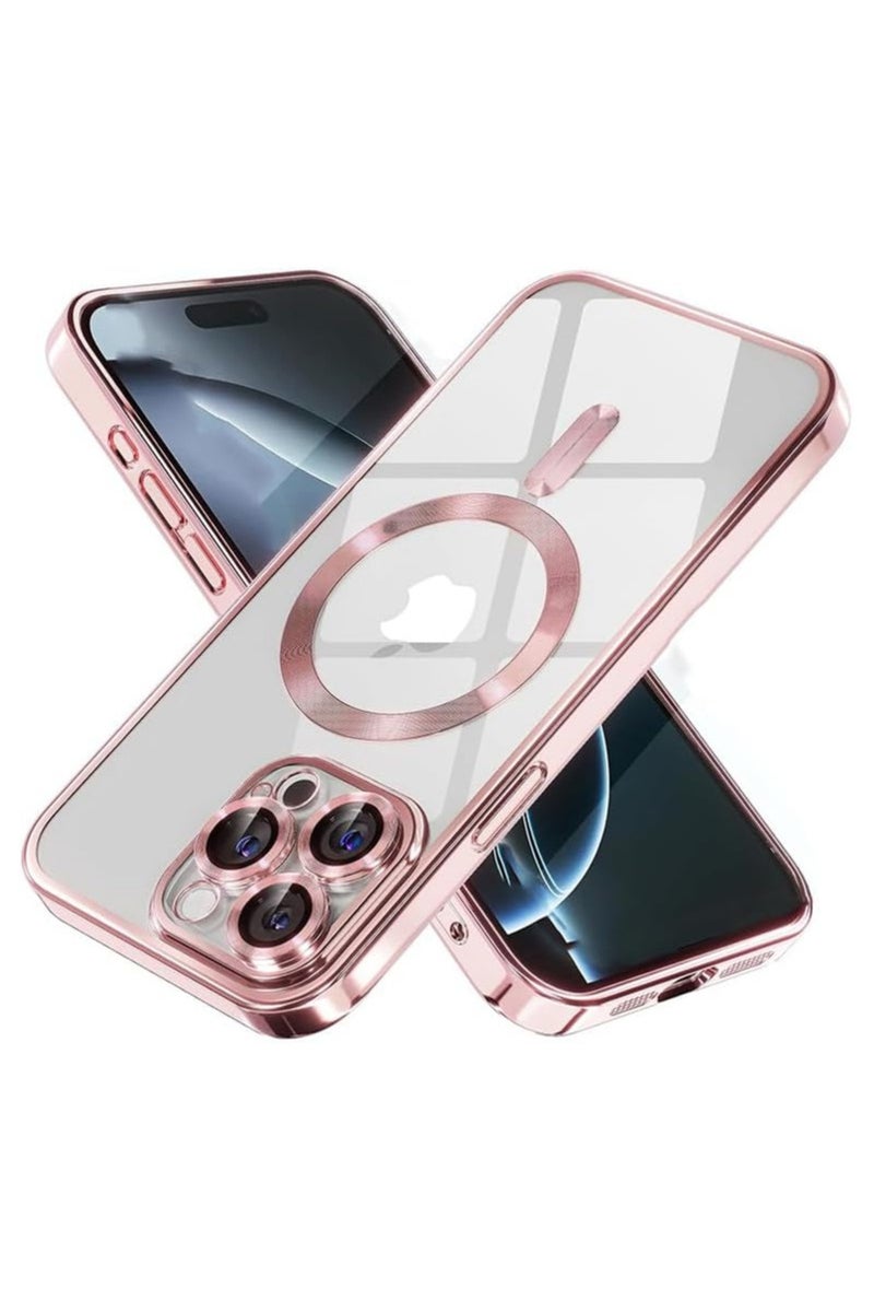 حافظة شفافة لجهاز iPhone 15 Pro مع شحن لاسلكي MagSafe غطاء خلفي متوافق مع إطار مضاد للصدمات بتقنية الطلاء الكهربائي - وردي