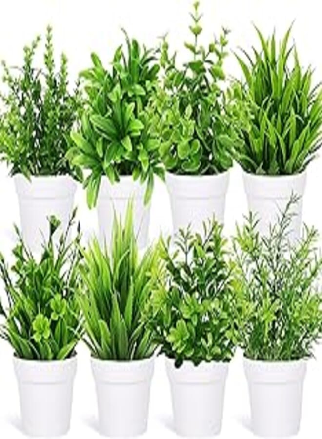 AOKE Fake Plants Mini Potted Artificial Plants, 8 Pack Artificial Plastic Eucalyptus Plants Small Houseplants Greenery in Pots Indoor, Small Faux Plants Decor for Home Bathroom Office Farmhouse Desk Shelf