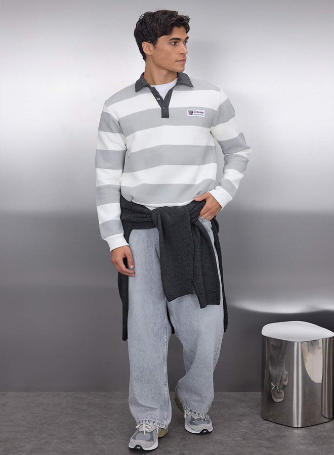 trendyol Ecru Regular/Normal Cut Polo Collar Striped Polar Fleece Inside Cotton Sweatshirt - Image 2