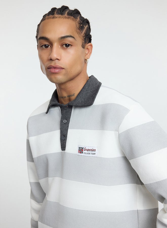 trendyol Ecru Regular/Normal Cut Polo Collar Striped Polar Fleece Inside Cotton Sweatshirt - Image 5