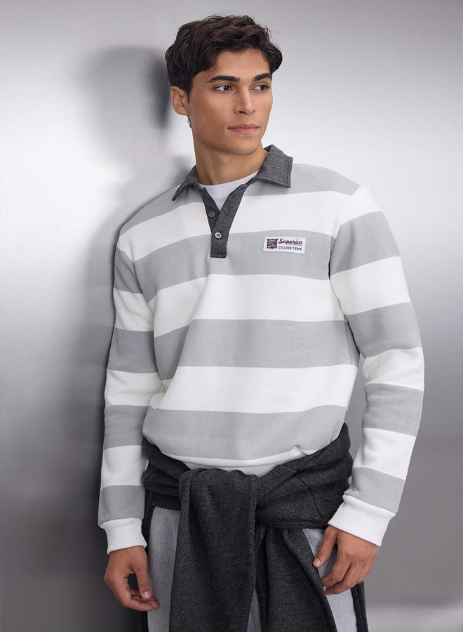 trendyol Ecru Regular/Normal Cut Polo Collar Striped Polar Fleece Inside Cotton Sweatshirt - Image 1