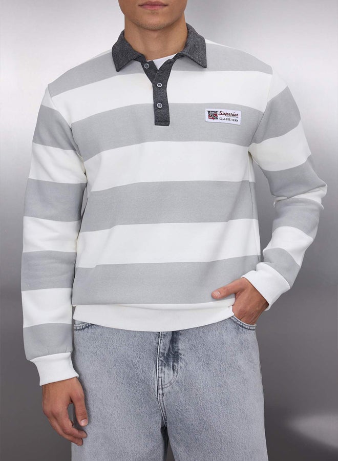 trendyol Ecru Regular/Normal Cut Polo Collar Striped Polar Fleece Inside Cotton Sweatshirt - Image 3
