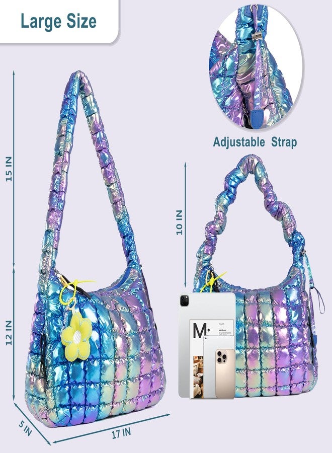 iSamzan Large Puffer Quilted Tote Bag: Puffer Shoulder Crossbody Bags Purse for Women - Quilted Carryall Nylon Tote Bag, Iridescent, Large - Image 4