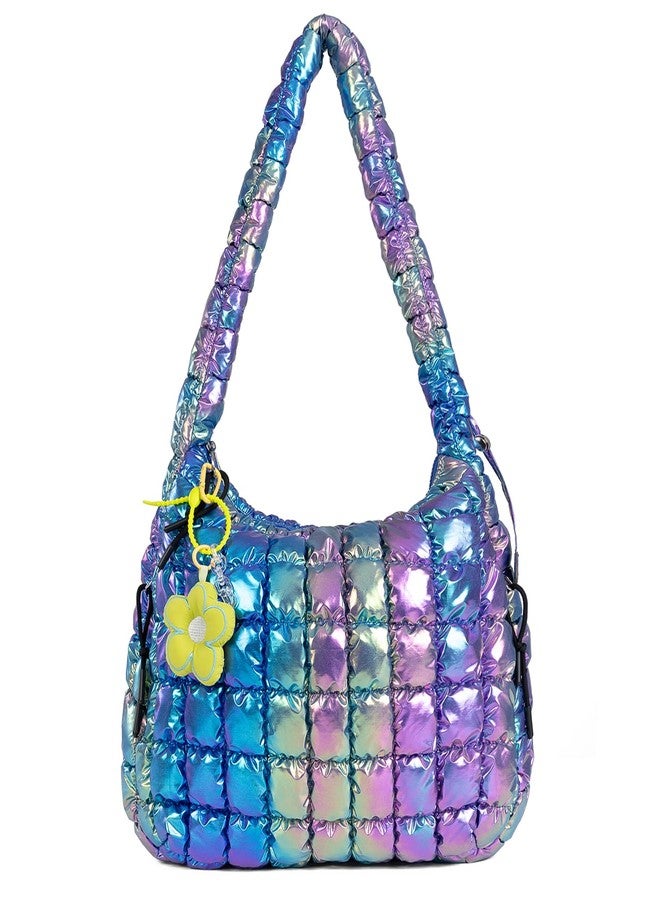 iSamzan Large Puffer Quilted Tote Bag: Puffer Shoulder Crossbody Bags Purse for Women - Quilted Carryall Nylon Tote Bag, Iridescent, Large - Image 1