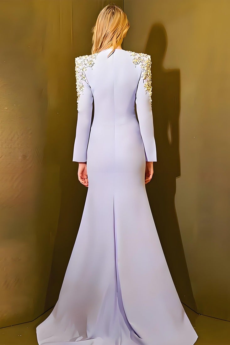 Loquat Women's Long Sleeves Luxury Beaded Evening Party Wedding Maxi Gown Dresses Violet - Image 2