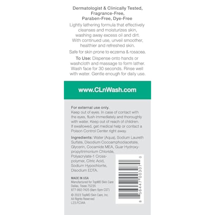 CLn® Facial Cleanser - Hydrating Facial Cleanser with Glycerin, For Skin Prone to Dryness, Eczema, Redness, Irritation & Acne Sensitivity, Fragrance-Free & Paraben-Free, 3.4 fl. oz. - Image 2