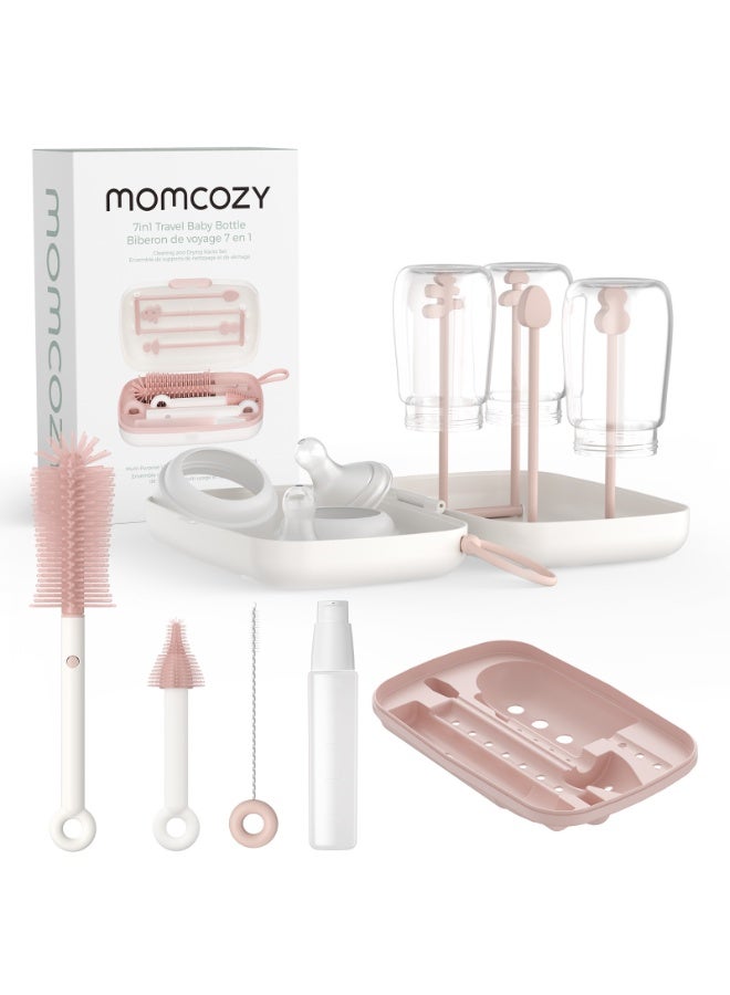 Momcozy مجموعة فرشاة الزجاجات - مجموعة تنظيف زجاجات الأطفال مع فرشاة سيليكون، فرشاة حلمة، فرشاة قشة، موزع صابون، رف تجفيف - أداة تنظيف زجاجات 7 في 1 للمنزل والسفر - Image 1