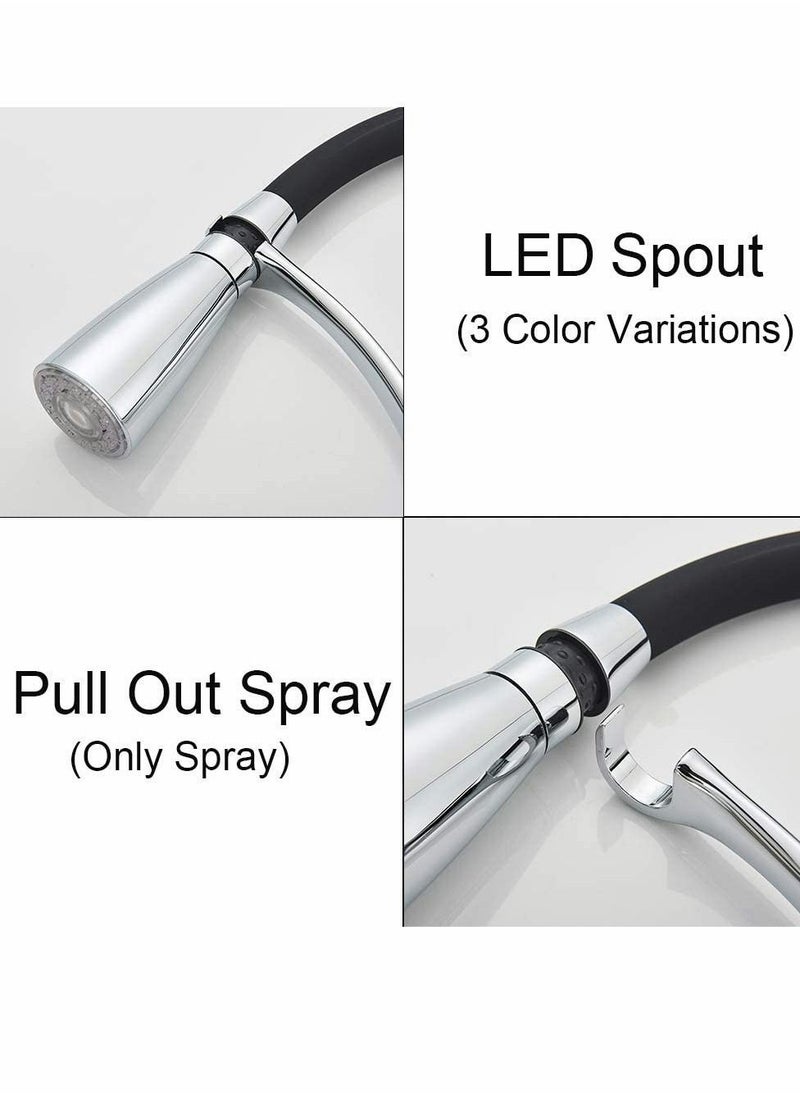 Y&D - LED Kitchen Sink Mixer Tap, Pull Down Spray 360 Degree Rotation Spout, with 3-Colour Temperature Display, Black Hose Single Handle  Water Brass Tap - Image 1