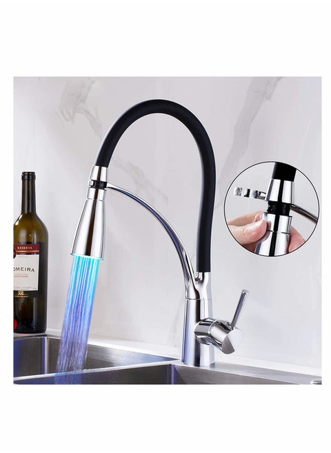LED Kitchen Sink Mixer Tap, Pull Down Spray 360 Degree Rotation Spout, with 3-Colour Temperature Display, Black Hose Single Handle  Water Brass Tap