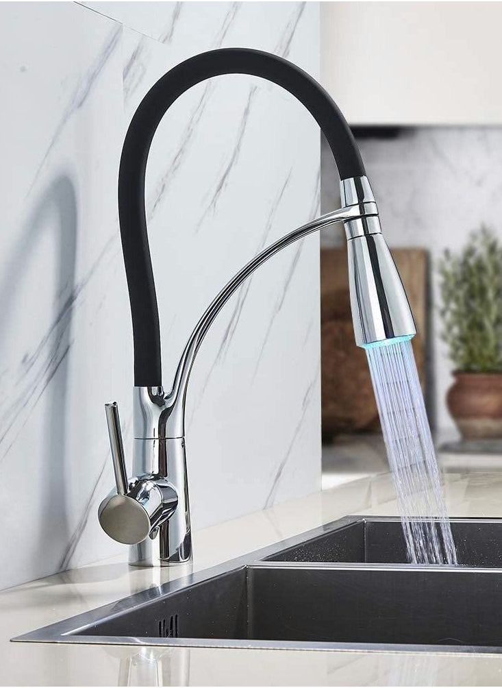 Y&D - LED Kitchen Sink Mixer Tap, Pull Down Spray 360 Degree Rotation Spout, with 3-Colour Temperature Display, Black Hose Single Handle  Water Brass Tap - Image 1