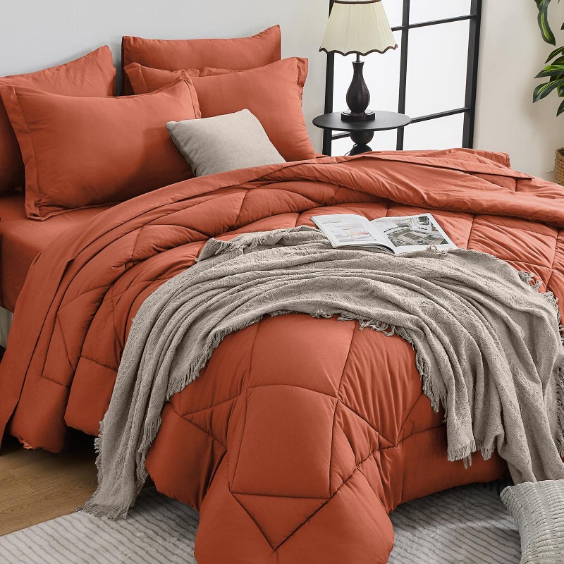 HEVUMYI Burnt Orange Queen Comforter Set - 7-Piece All Season Bed in a Bag Queen, Ultra Soft Bedding Set with Comforter, Flat Sheet, Fitted Sheet, Pillowcases, Pillow Shams - Image 1