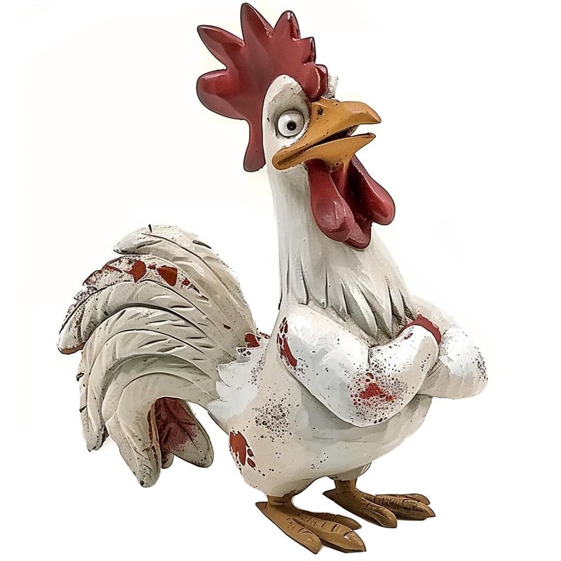 Bicuzat Funny White Rooster Statue, Resin Table Art Sculpture Funny Rooster Figurine Decoration, Rustic Country Tabletop Decoration, Farm Animal Kitchen Countertop Ornament, 6 Inches Tall-A - Image 1
