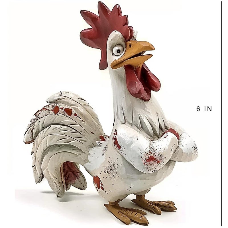Bicuzat Funny White Rooster Statue, Resin Table Art Sculpture Funny Rooster Figurine Decoration, Rustic Country Tabletop Decoration, Farm Animal Kitchen Countertop Ornament, 6 Inches Tall-A - Image 2