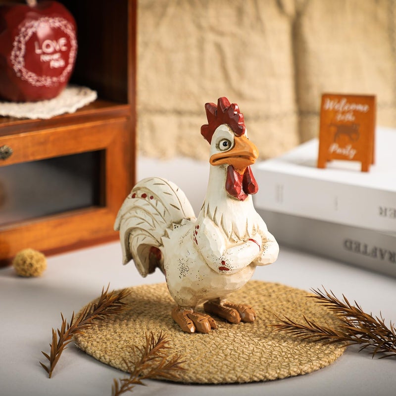 Bicuzat Funny White Rooster Statue, Resin Table Art Sculpture Funny Rooster Figurine Decoration, Rustic Country Tabletop Decoration, Farm Animal Kitchen Countertop Ornament, 6 Inches Tall-A - Image 5