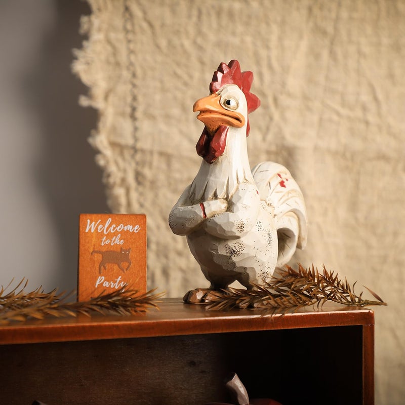 Bicuzat Funny White Rooster Statue, Resin Table Art Sculpture Funny Rooster Figurine Decoration, Rustic Country Tabletop Decoration, Farm Animal Kitchen Countertop Ornament, 6 Inches Tall-A - Image 4