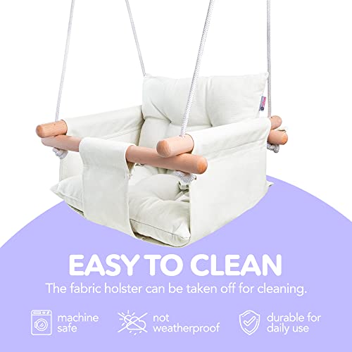 CaTeam Canvas Baby Swing Seat with 5-Point Safety Belt — Wooden Hanging Toddler Swing, Indoor & Outdoor, Ages 1-4, Ceiling Mount Hardware Included, Ivory - Image 5