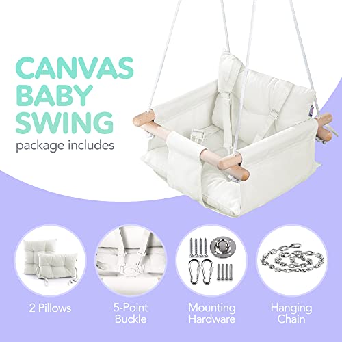CaTeam Canvas Baby Swing Seat with 5-Point Safety Belt — Wooden Hanging Toddler Swing, Indoor & Outdoor, Ages 1-4, Ceiling Mount Hardware Included, Ivory - Image 3