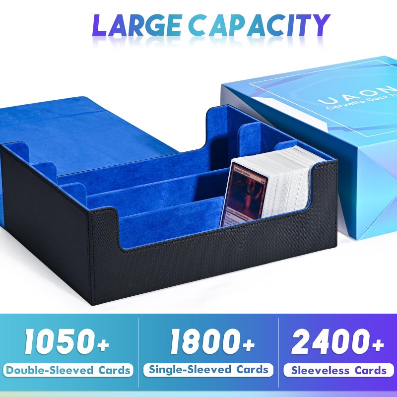 UAONO Card Storage Box for Trading Cards, 1800+ PU Leather Commander Card Deck Case, Magnetic Closure Card Holder Fits for Magic Game Cards (Black&Blue) - Image 2