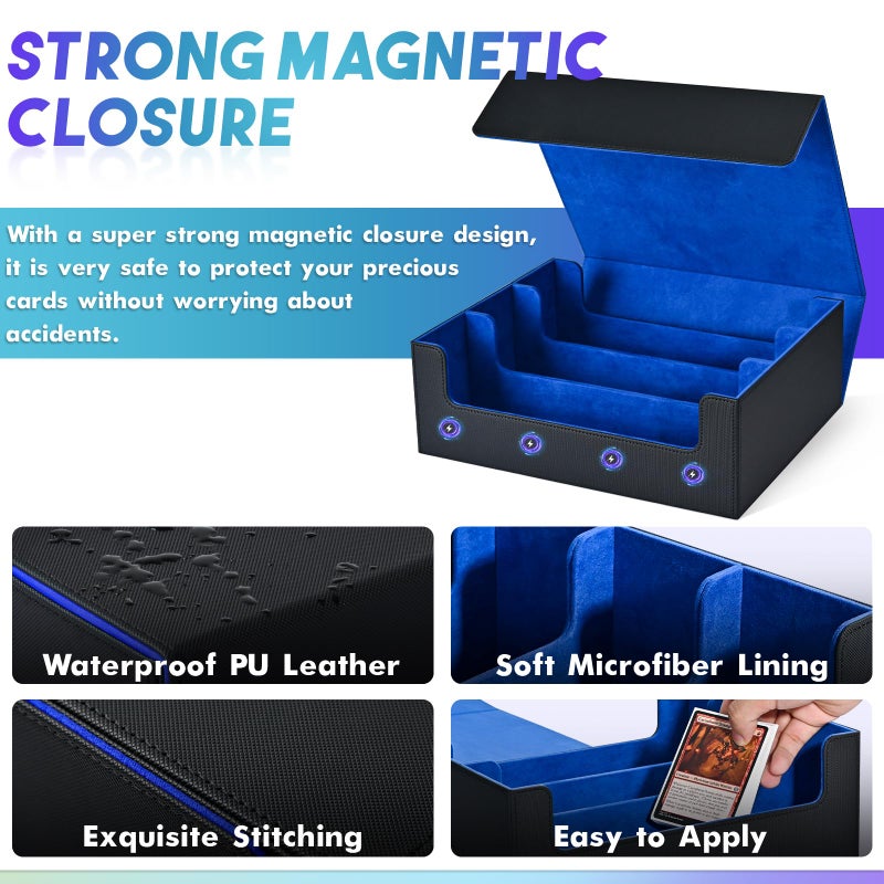 UAONO Card Storage Box for Trading Cards, 1800+ PU Leather Commander Card Deck Case, Magnetic Closure Card Holder Fits for Magic Game Cards (Black&Blue) - Image 4