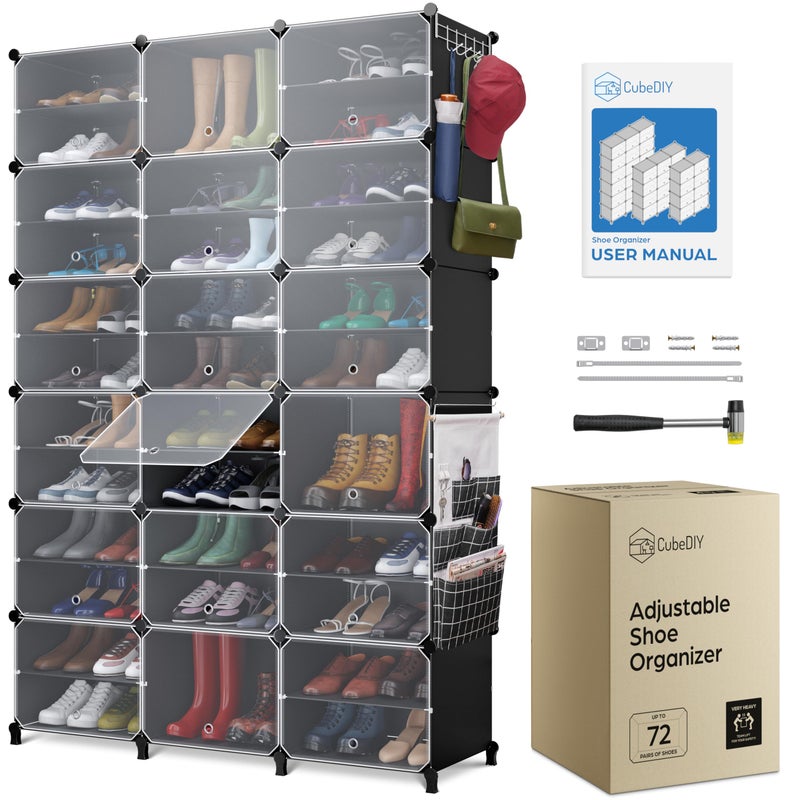 CUBEDIY Shoe Organizer Cabinet Up to 72 Pairs Shoe ClosetCovered Shoe Rack with SeeThrough Door Clear Plastic Stackable Cubby Portable Shoe Organizer with Covers Hooks  Pockets Black
