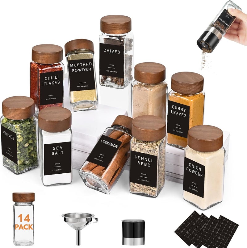 Yangbaga 14Pcs Glass Spice Jars with Labels-4oz Acacia Wood Lid Square Spice Containers with Pepper Grinder Lids &Funnel,Seasoning Jars for Rack Cabinet Drawer - Image 1